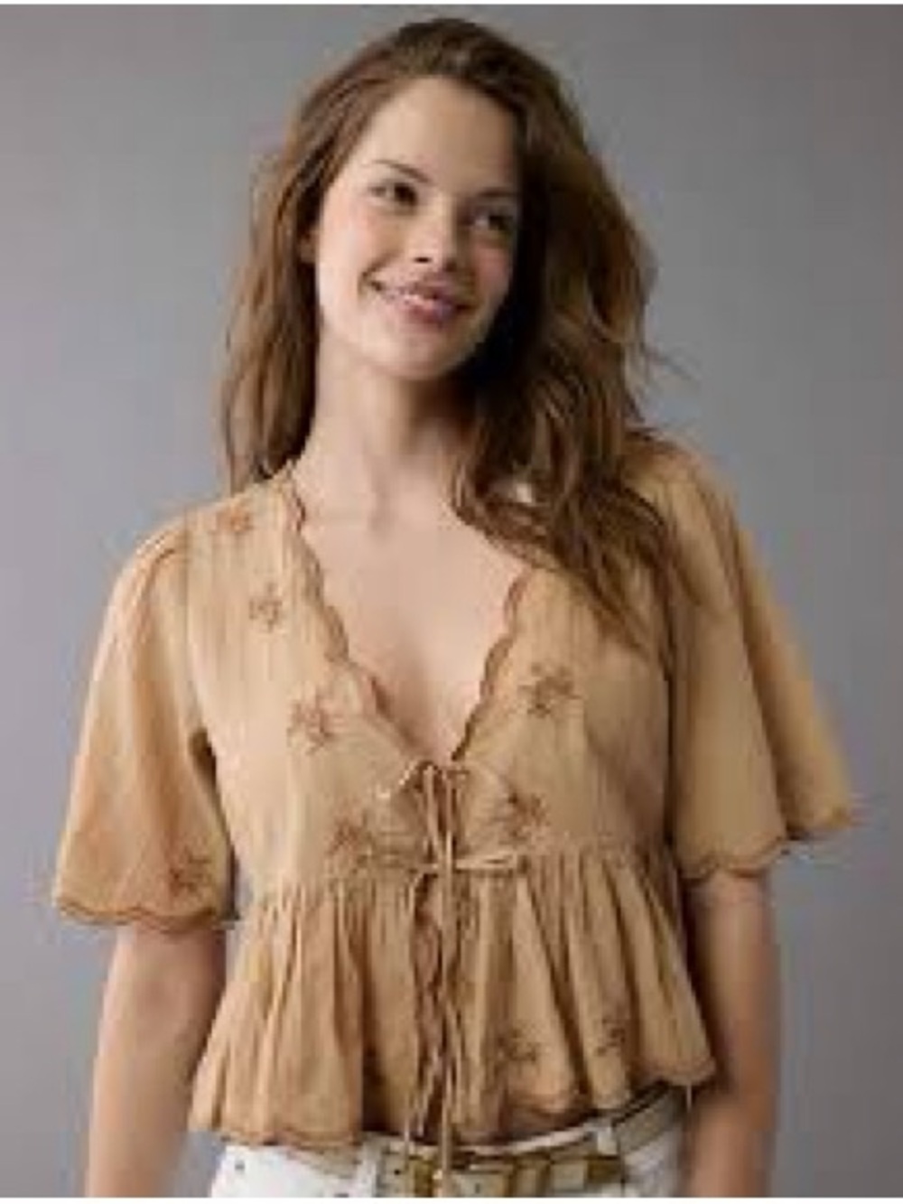 American Eagle Outfitters Light Brown Embroidered Tie-Front Peplum Top